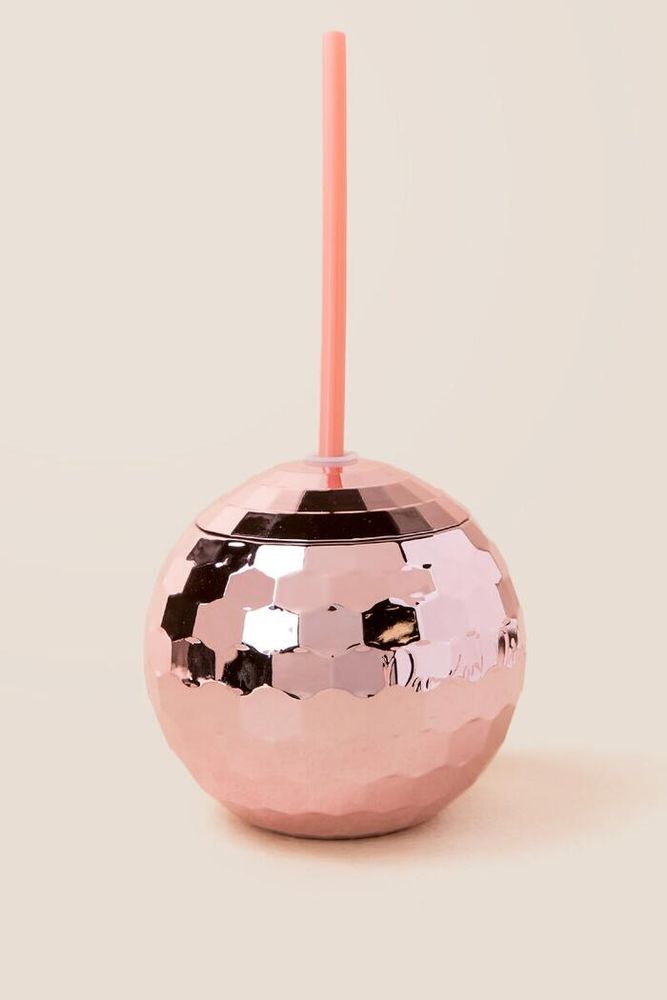 Pink Disco Ball Ball Cup with Straw