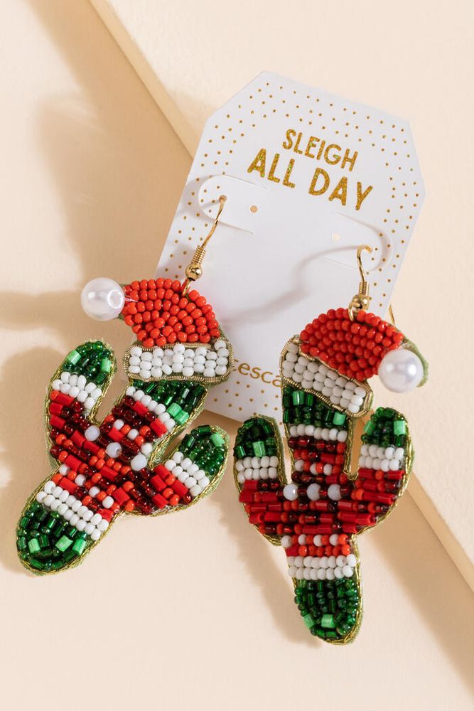 Sleigh All Day Santa Cactus Beaded Drop Earrings