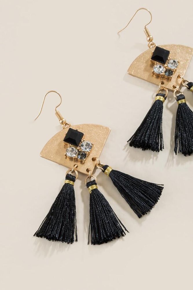 BlackGold Seed Bead Triangle Tassel Earrings  EAR3952BK