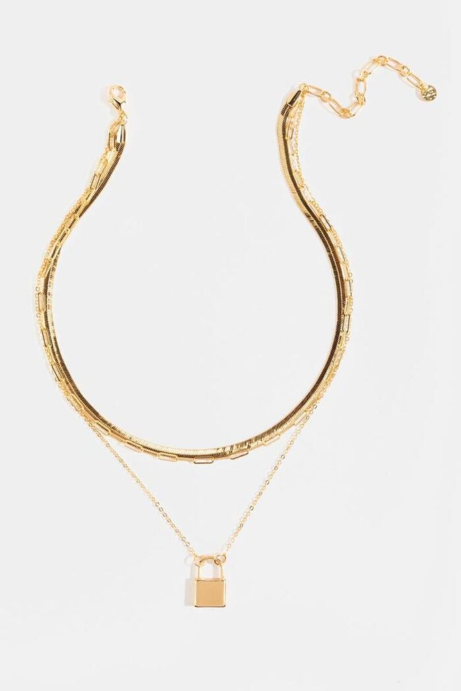 Multi-layer Gold Silver Tone Lock and Key Pendant Choker Necklace - Gold