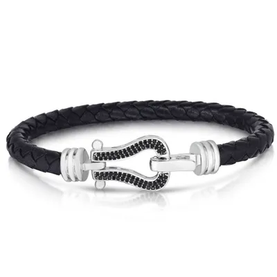 Silver Leather Black Diamond Buckle Bracelet