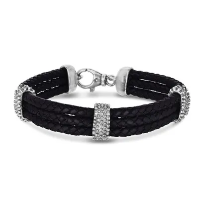 Sterling Silver  Leather Triple Strand Woven Bracelet