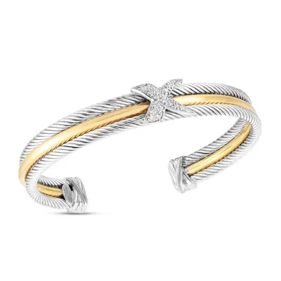 Triple Row Diamond X Cuff Bangle in Silver & 18K Gold