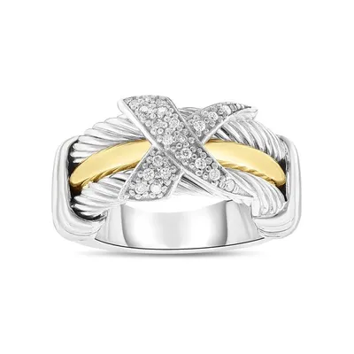 Triple Row Diamond X Ring in Silver & 18K Gold