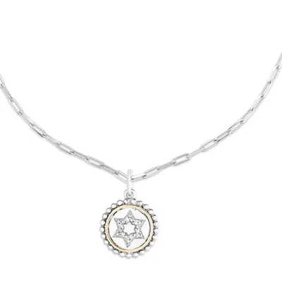 18K Gold & Silver  Round Star of David Pendant on Paperclip Chain