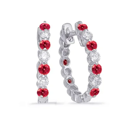 White Gold Oval Ruby & Diamond Earring