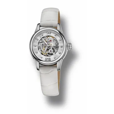 Oris Artelier Skelton Diamonds with Ladies White Leather strap and White mother of pearl dial