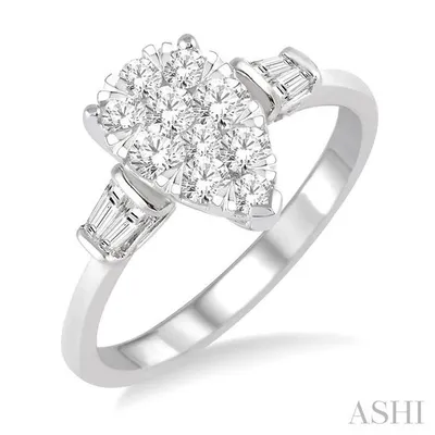 5/8 ctw Pear Shape Lovebright Baguette and Round Cut Diamond Cluster Ring in 14K White Gold