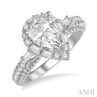 3/4 ctw Pear Shape Center Bridged Baguette and Round Cut Diamond Semi-Mount Engagement Ring in 14K White Gold