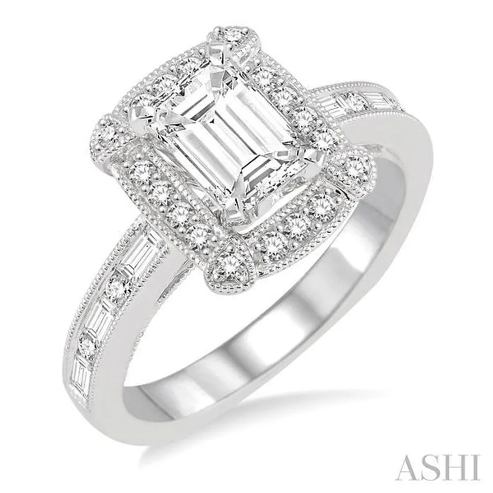 1 1/6 Ctw Diamond Engagement Ring with 5/8 Ct Emerald Cut Center Stone in 14K White Gold
