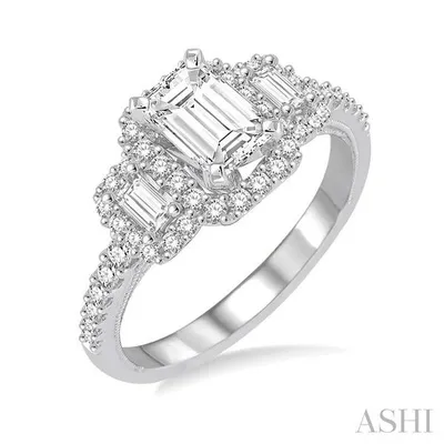 5/8 ctw Diamond Ladies Engagement Ring with 1/4 Ct Emerald Cut Center Stone in 14K White Gold