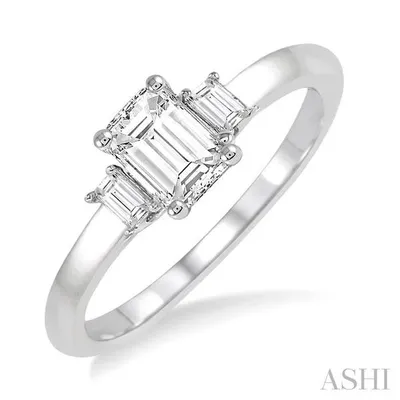 5/8 Ctw Emerald and Baguette Diamond Engagement Ring with 1/2 Ct Emerald cut Center Stone in 14K White Gold