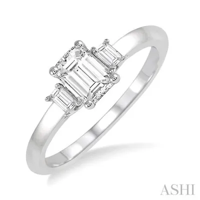 3/8 ctw Octagonal and Baguette Diamond Ladies Engagement Ring with 1/3 Ct Emerald cut Center Stone in 14K White Gold