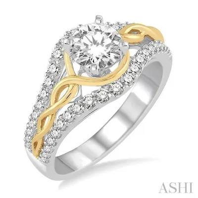 1 1/5 Ctw Diamond Engagement Ring with 3/4 Ct Round Cut Center Stone in 14K White and Yellow Gold