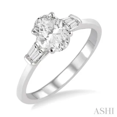 5/8 ctw Baguette and Oval Cut Diamond Engagement Ring with 1/2 Ct Oval Cut Center Stone in 14K White Gold