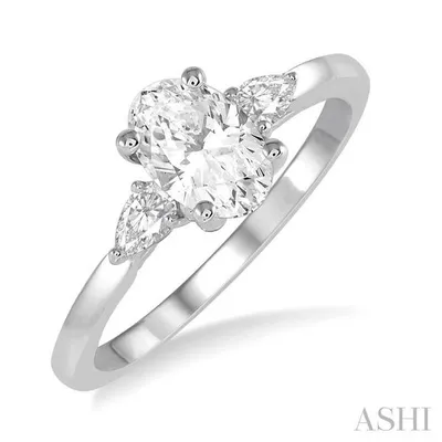 1/2 ctw Oval and Pear Cut Diamond Ladies Engagement Ring with 1/3 Ct Oval Cut Center Stone in 14K White Gold