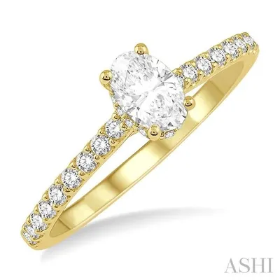 5/8 Ctw Oval Shape Center Stone Ladies Engagement Ring with 3/8 Ct Oval Cut Center Stone in 14K Yellow Gold