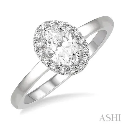 5/8 ctw Oval and Round cut Diamond Ladies Engagement Ring with 1/2 Ct Oval Cut Center Stone in 14K White Gold