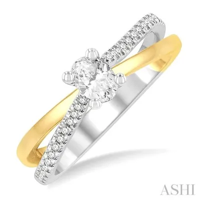 1/2 ctw Two Tone Criss Cross Round & Oval Cut Diamond Engagement Ring With 1/3 ctw Oval Cut Center Stone in 14K Yellow and White