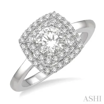 1/2 Ctw Cushion Shape Twin Halo Diamond Engagement Ring With 1/4 ct Round Cut Center Stone in 14K White Gold