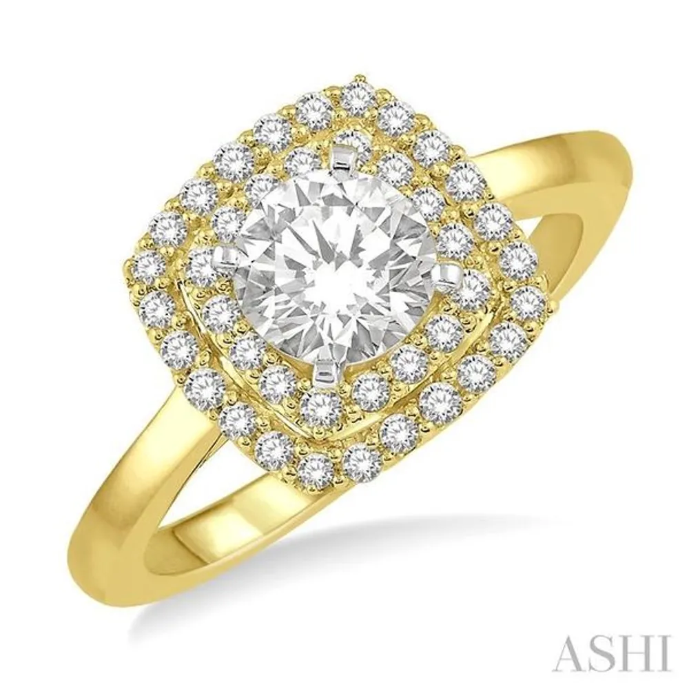 1/2 ctw Cushion Shape Twin Halo Diamond Engagement Ring With 1/4 ctw Round Cut Center Stone in 14K Yellow and White Gold