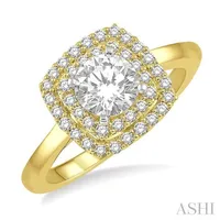 1/2 ctw Cushion Shape Twin Halo Diamond Engagement Ring With 1/4 ctw Round Cut Center Stone in 14K Yellow and White Gold