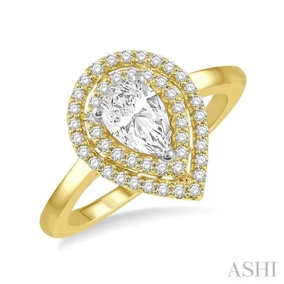 1/2 ctw Twin Halo Round Cut Diamond Engagement Ring With 1/4 ctw Pear Cut Center Stone in 14K Yellow and White Gold