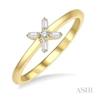1/10 Ctw Cross Baguette and Round Cut Diamond Petite Fashion Ring in 10K Yellow Gold