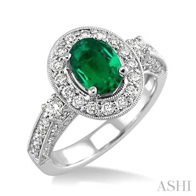 8x6MM Oval Cut Emerald and 7/8 Ctw Round Cut Diamond Ring in 14K White Gold