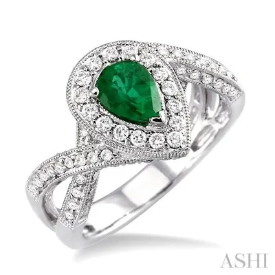 7x5mm Pear Shape Emerald and 3/4 Ctw Round Cut Diamond Ring in 14K White Gold