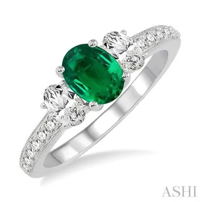 7X5mm Oval Shape Emerald and 3/4 Ctw Round Cut Diamond Ring in 14K White Gold