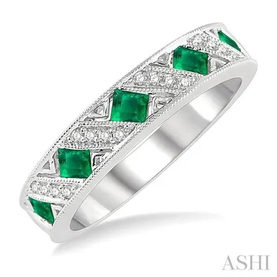 1/10 ctw Art Deco Style 2.5MM Princess Cut Emerald & Round Cut Diamond Precious Fashion Band in 14K White Gold