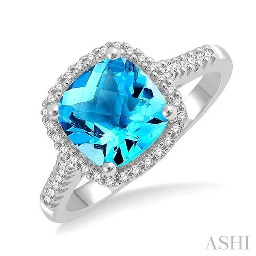 Filigree and Milgrain Detailed Ring Setting of Cushion Cut London Blue Topaz  and Diamonds in 14k white gold (GR-6074)