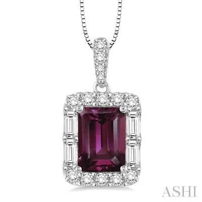 7x5 MM Emerald Cut Rhodolite Garnet and 1/3 Ctw Diamond Pendant in 14K White Gold with Chain