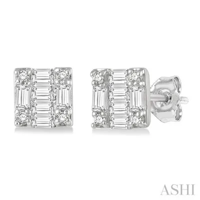 1/6 Ctw Square Shape Baguette and Round Cut Diamond Petite Fashion Earring in 10K White Gold.