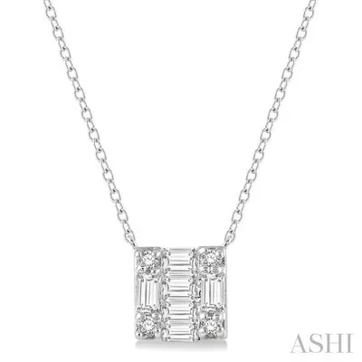 1/8 ctw Square Shape Baguette and Round Cut Diamond Petite Fashion Pendant With Chain in 10K Gold