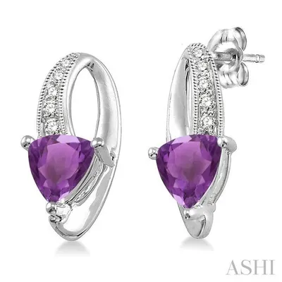 7x7MM Trillion Cut Amethyst and 1/20 Ctw Single Cut Diamond Earrings in Sterling Silver