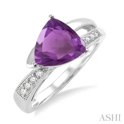 8X8mm Trillion Cut Amethyst and 1/20 Ctw Single Cut Diamond Ring in Sterling Silver