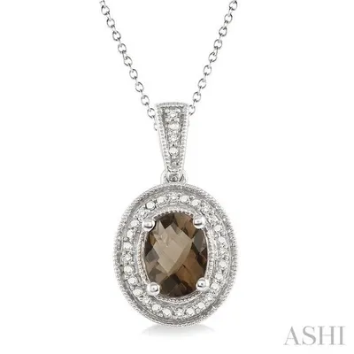 8x6 MM Oval Cut Smoky Quartz and 1/20 Ctw Single Cut Diamond Pendant in Sterling Silver with Chain