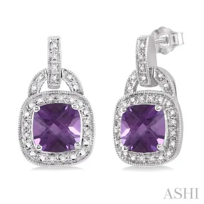 8x8MM Cushion Cut Amethyst and 1/10 Ctw Single Cut Diamond Earrings in Sterling Silver