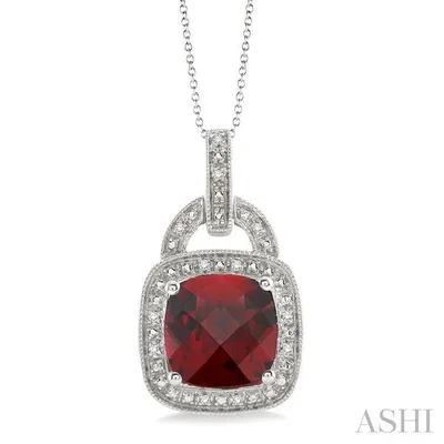 10x10mm Cushion Cut Garnet and 1/20 Ctw Single Cut Diamond Pendant in Sterling Silver with Chain