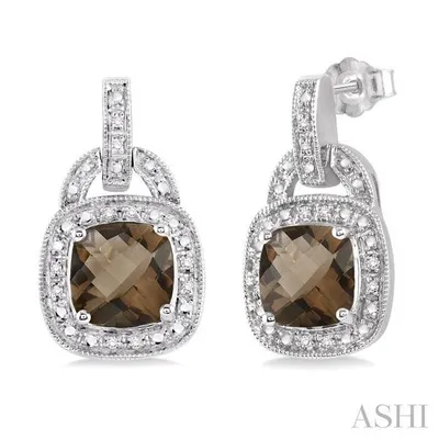 8x8MM Cushion Cut Smoky Quartz and 1/10 Ctw Single Cut Diamond Earrings in Sterling Silver