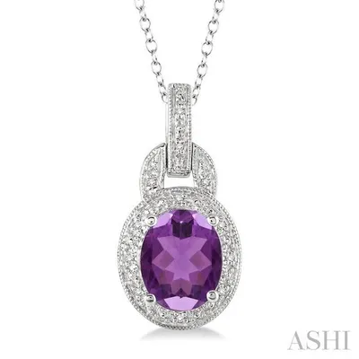 9x7 mm Oval Cut Amethyst and 1/20 Ctw Single Cut Diamond Pendant in Sterling Silver with Chain