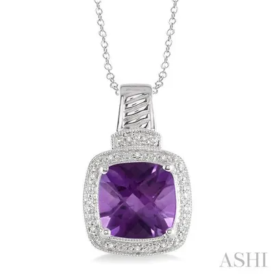 10x10 mm Cushion Cut Amethyst and 1/20 ctw Single Cut Diamond Pendant in Sterling Silver with Chain