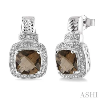 8x8 MM Cushion Cut Smoky Quartz and 1/20 Ctw Single Cut Diamond Earrings in Sterling Silver