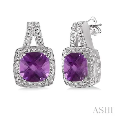 8x8 mm Cushion Cut Amethyst and 1/20 ctw Single Cut Diamond Earrings in Sterling Silver