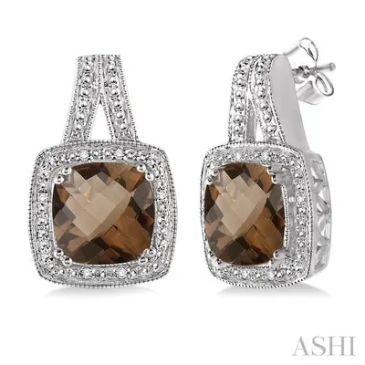 8x8 mm Cushion Cut Smoky Quartz and 1/20 ctw Single Cut Diamond Earrings in Sterling Silver