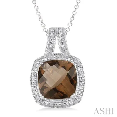 10x10 mm Cushion Cut Smoky Quartz and 1/20 ctw Single Cut Diamond Pendant in Sterling Silver with Chain