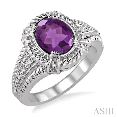 9x7 mm Oval Cut Amethyst and 1/50 Ctw Single Cut Diamond Ring in Sterling Silver