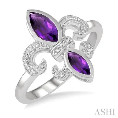 1/50 Ctw Marquise Cut 8x4MM & 6X3MM Amethyst And Round Cut Diamond Fleur De Lis Ring in Sterling Silver